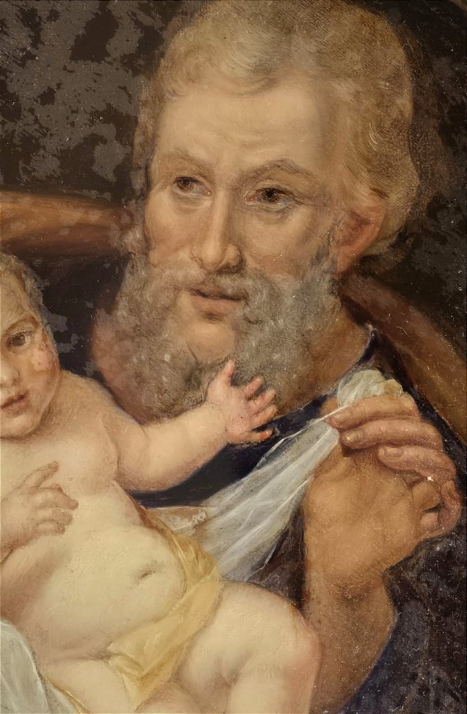 San Giuseppe con Gesù Bambino, dipinto sottovetro, cornice in legno dorato, 1842-photo-4