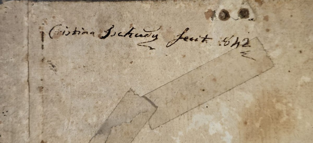 San Giuseppe con Gesù Bambino, dipinto sottovetro, cornice in legno dorato, 1842-photo-1