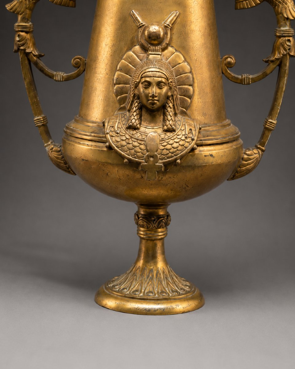 Coppia di cassolette in bronzo dorato, stile Retour d’Égypte, XIX secolo-photo-2