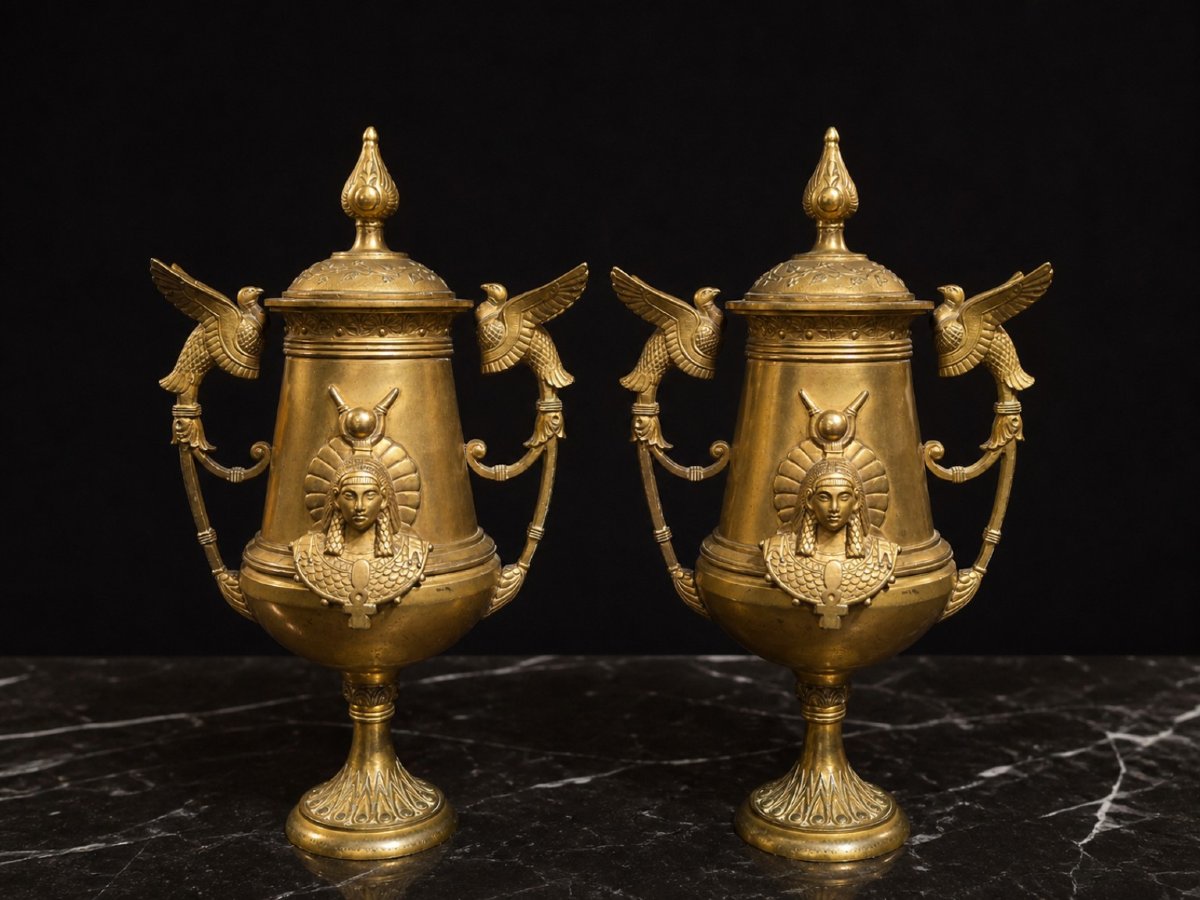 Coppia di cassolette in bronzo dorato, stile Retour d’Égypte, XIX secolo