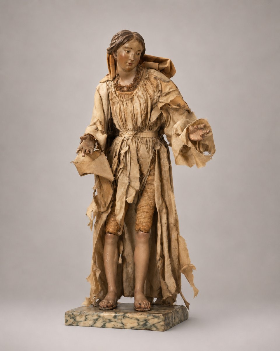 Madonna da presepe napoletano del XVIII secolo in terracotta, legno e seta-photo-2