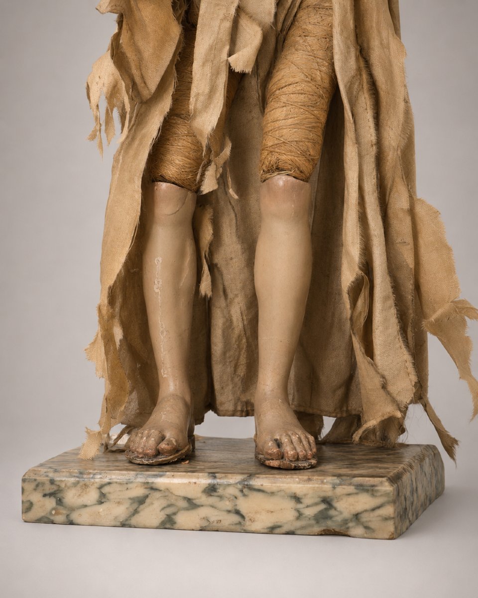 Madonna da presepe napoletano del XVIII secolo in terracotta, legno e seta-photo-1