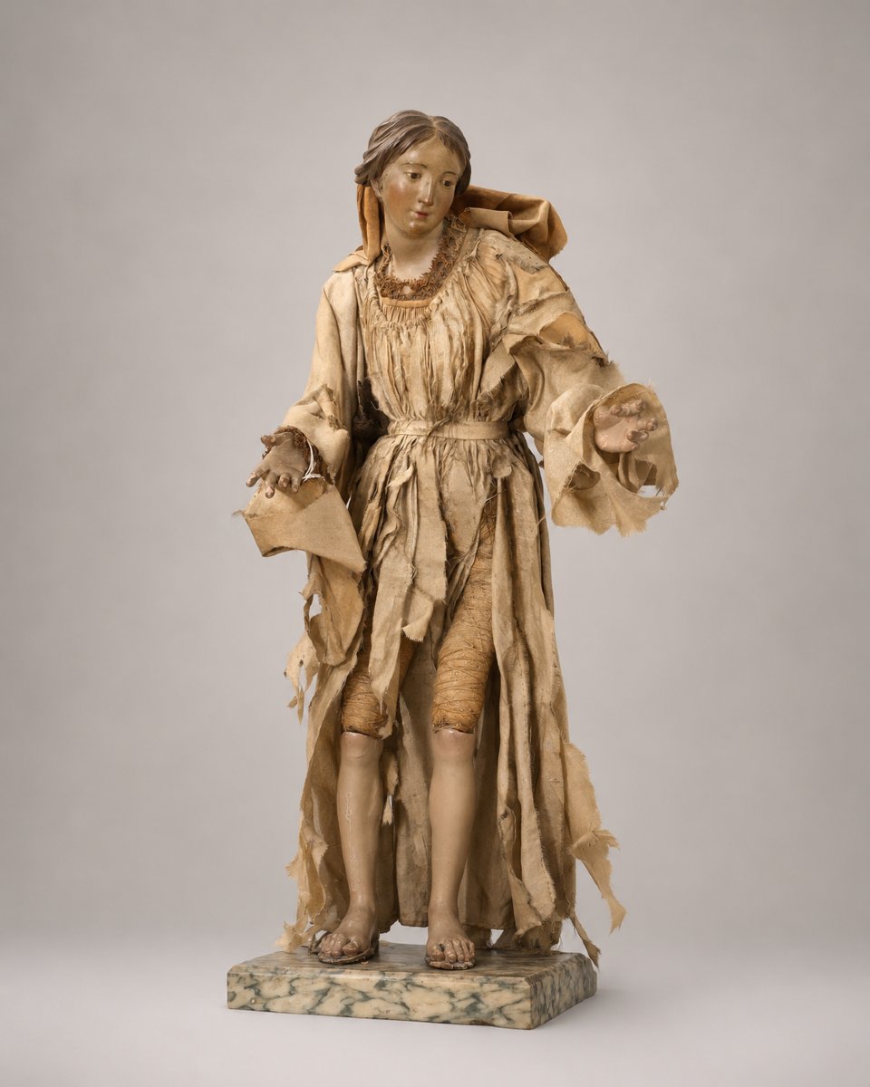 Madonna da presepe napoletano del XVIII secolo in terracotta, legno e seta