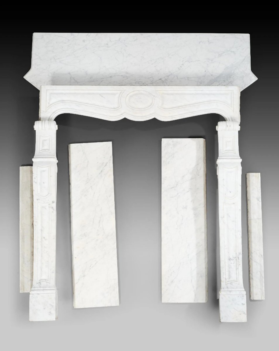 Camino antico in marmo bianco venato grigio, stile neoclassico, XIX secolo-photo-4