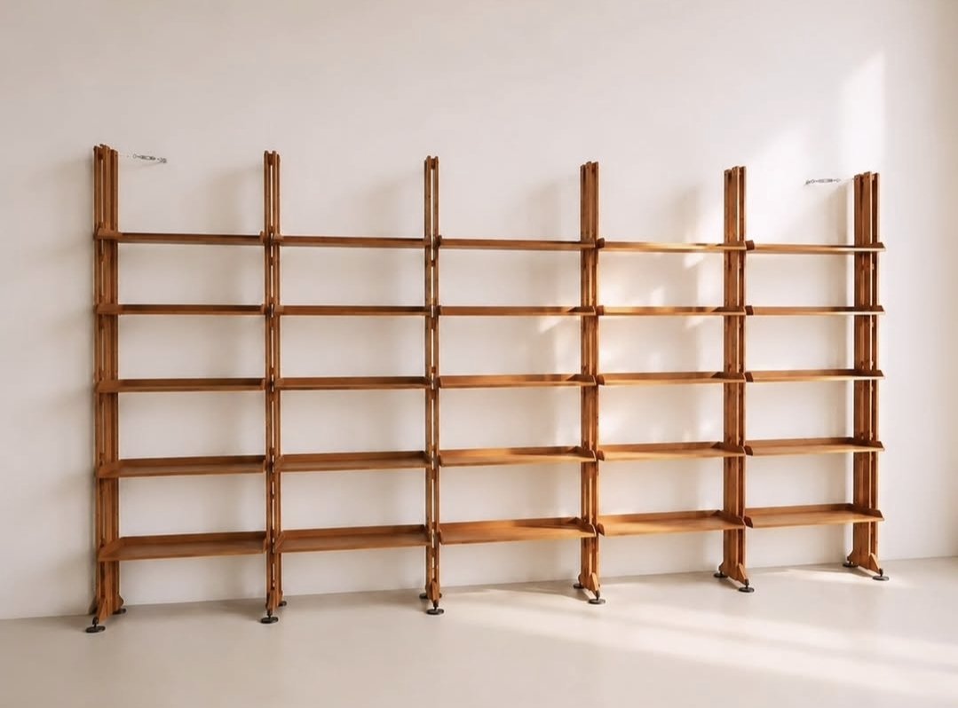 Grande libreria modulare italiana in teak, pezzo unico su misura, anni ’50, Mid century