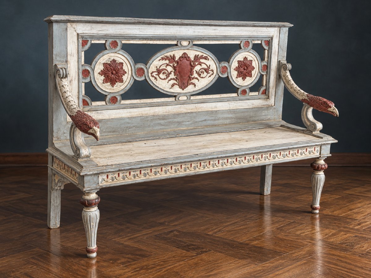 Panca in legno intagliato e dipinto, caratterizzata da una ricca decorazione neoclassica. XIX s-photo-4