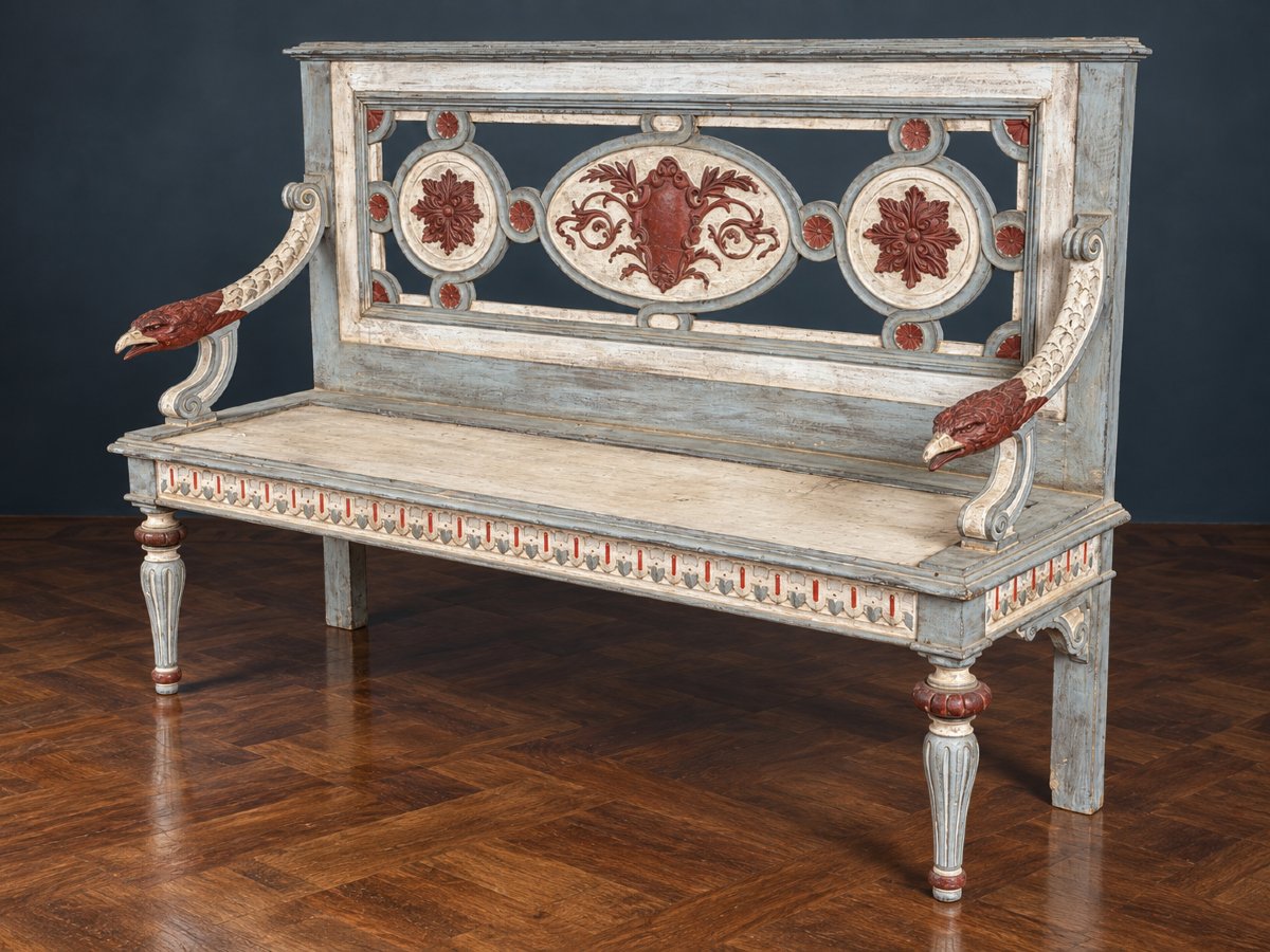 Panca in legno intagliato e dipinto, caratterizzata da una ricca decorazione neoclassica. XIX s-photo-1