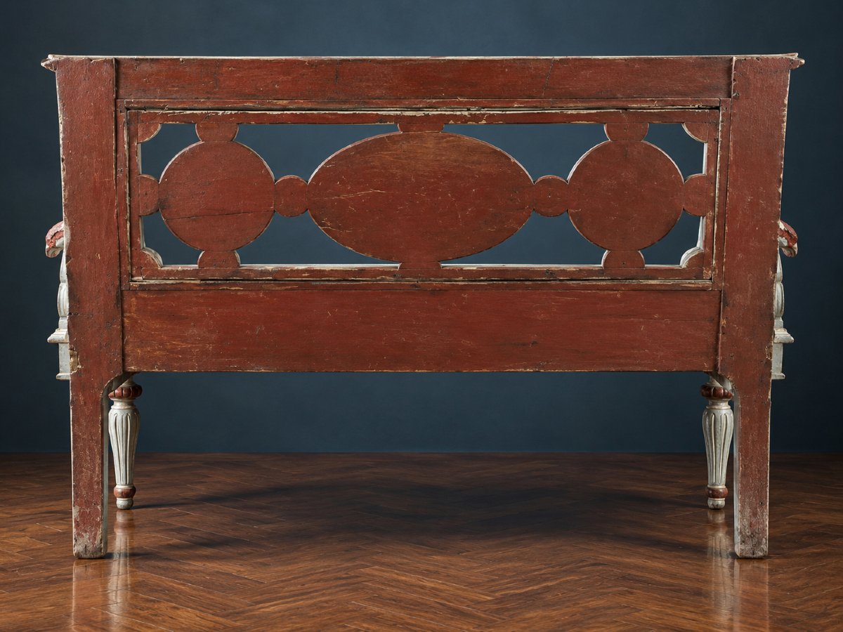Panca in legno intagliato e dipinto, caratterizzata da una ricca decorazione neoclassica. XIX s-photo-2