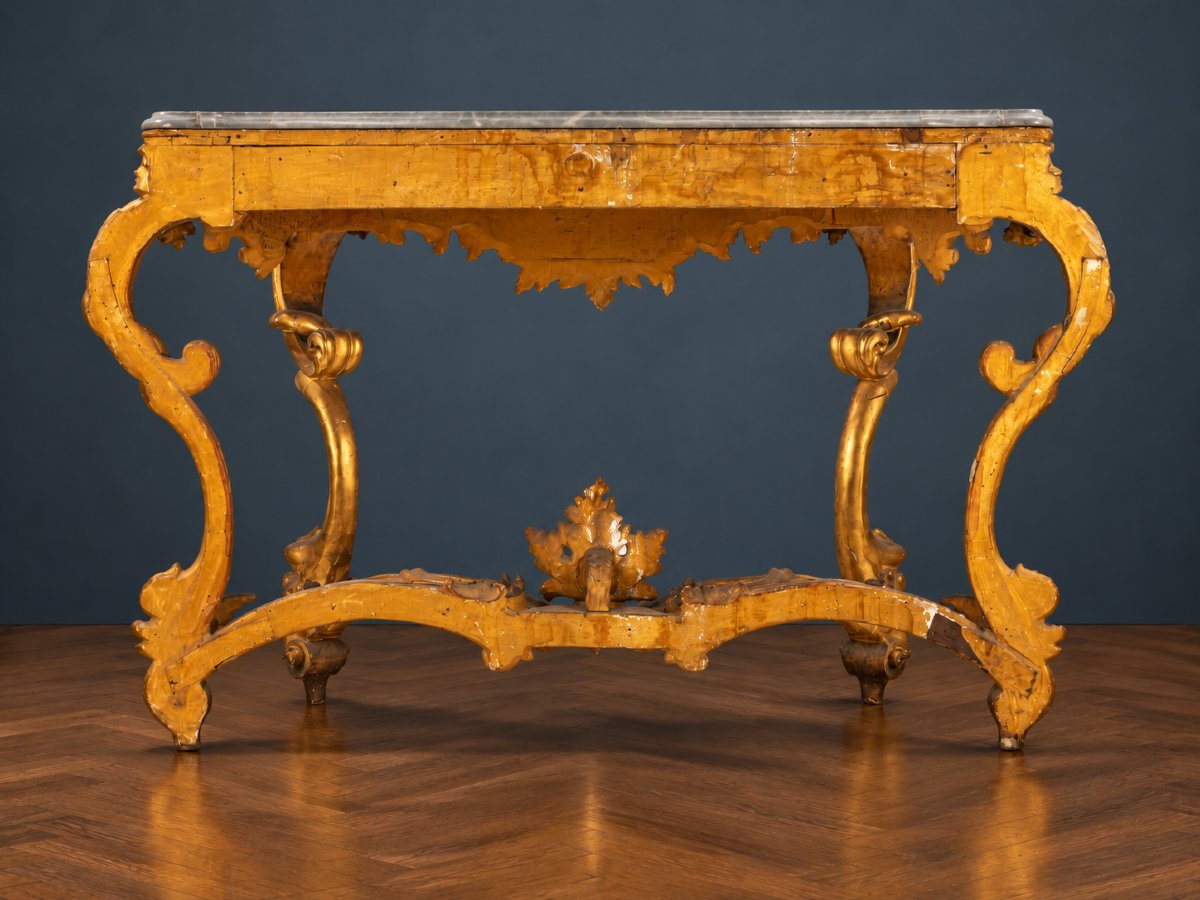 Grande consolle dorata in stile Rococò con marmo grigio – Fine XIX secolo-photo-3