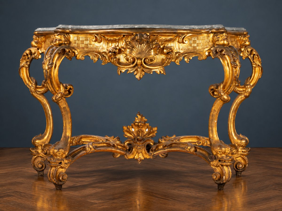 Grande consolle dorata in stile Rococò con marmo grigio – Fine XIX secolo