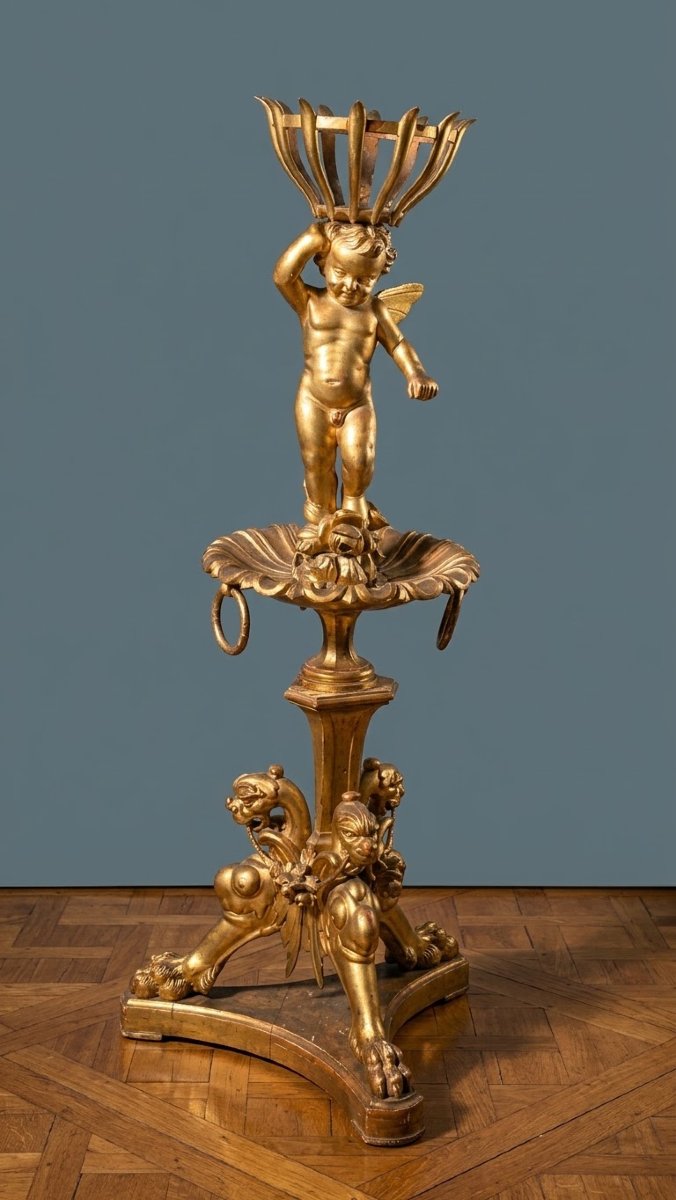 Torciere / Portavaso in legno scolpito e dorato con putto, XIX secolo