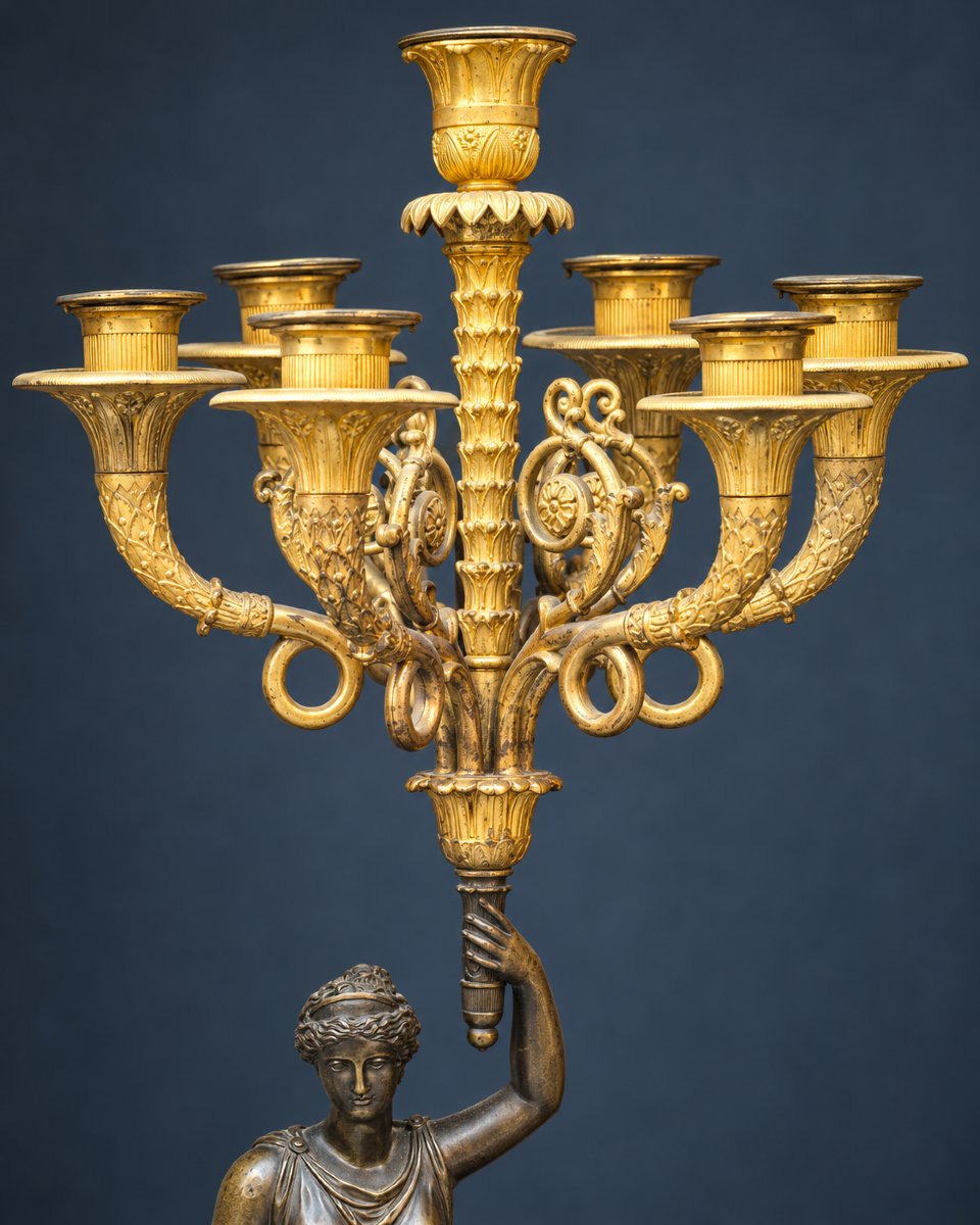 Pair of monumental gilt and patinated bronze candelabra, 19th century - 85 cm-photo-3