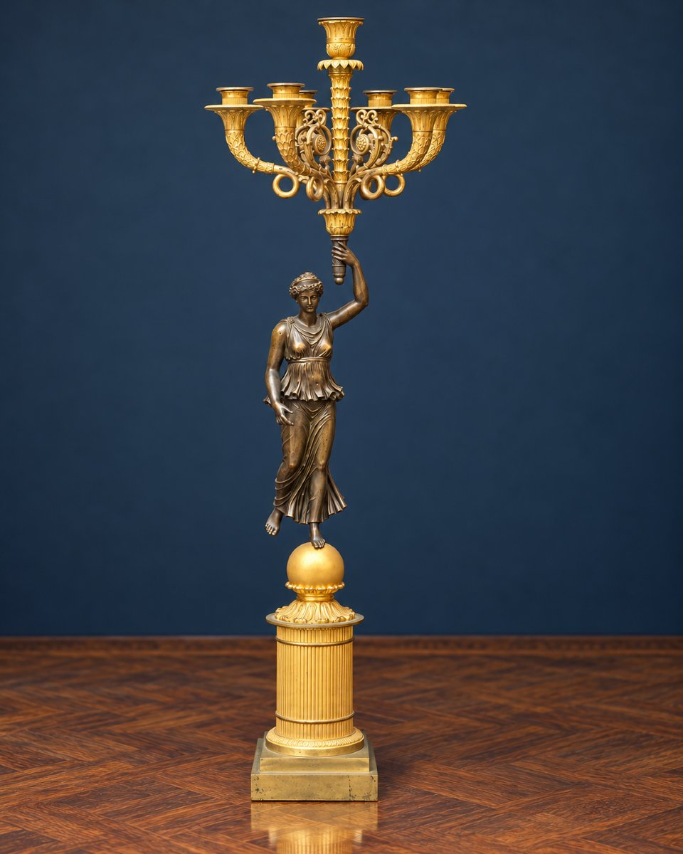 Pair of monumental gilt and patinated bronze candelabra, 19th century - 85 cm-photo-1