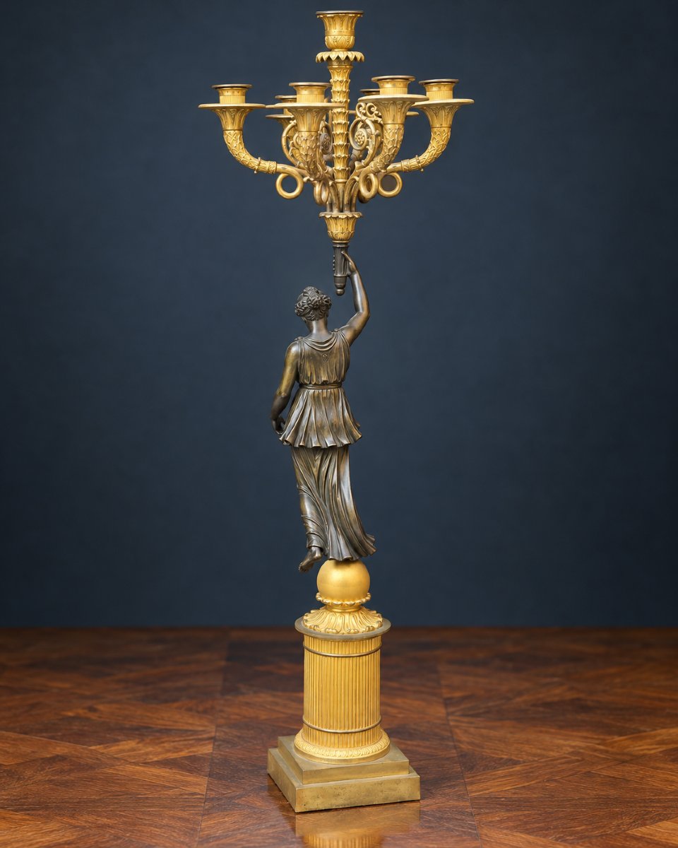 Pair of monumental gilt and patinated bronze candelabra, 19th century - 85 cm-photo-2