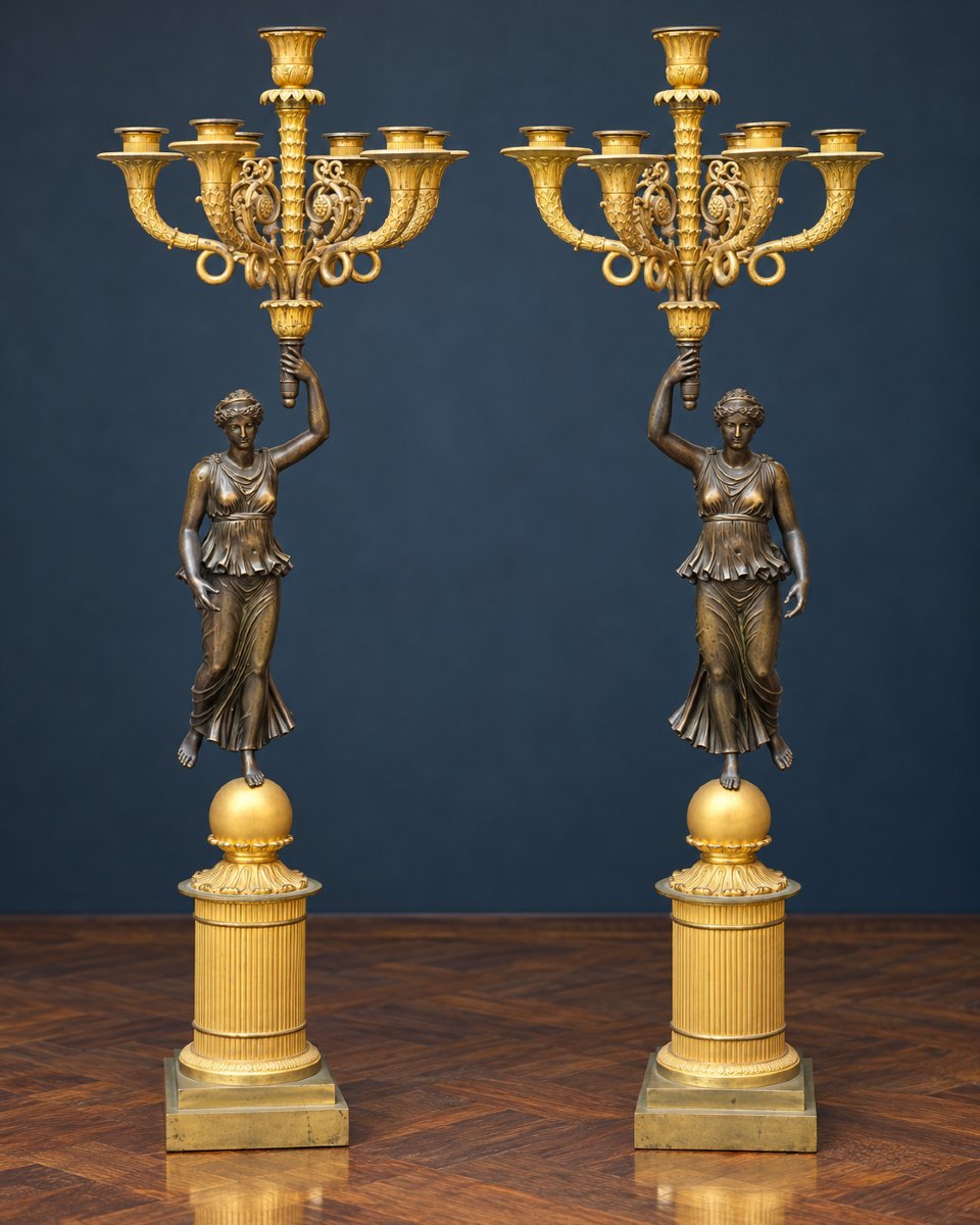 Pair of monumental gilt and patinated bronze candelabra, 19th century - 85 cm