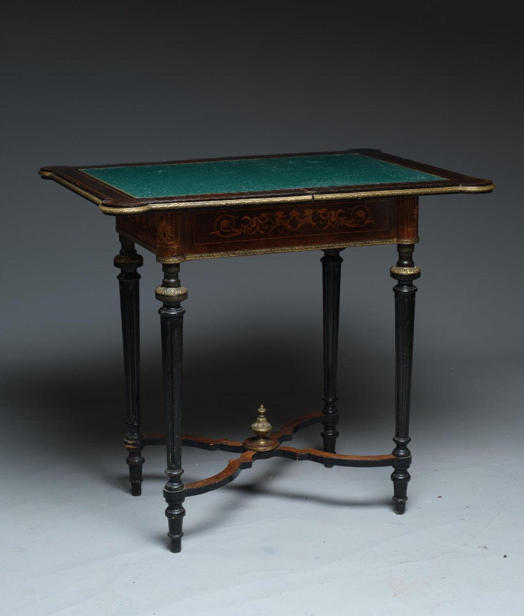 Tavolo da Gioco in Legno Ebanizzato e Intarsio, Stile Luigi XVI, Epoca Napoleone III