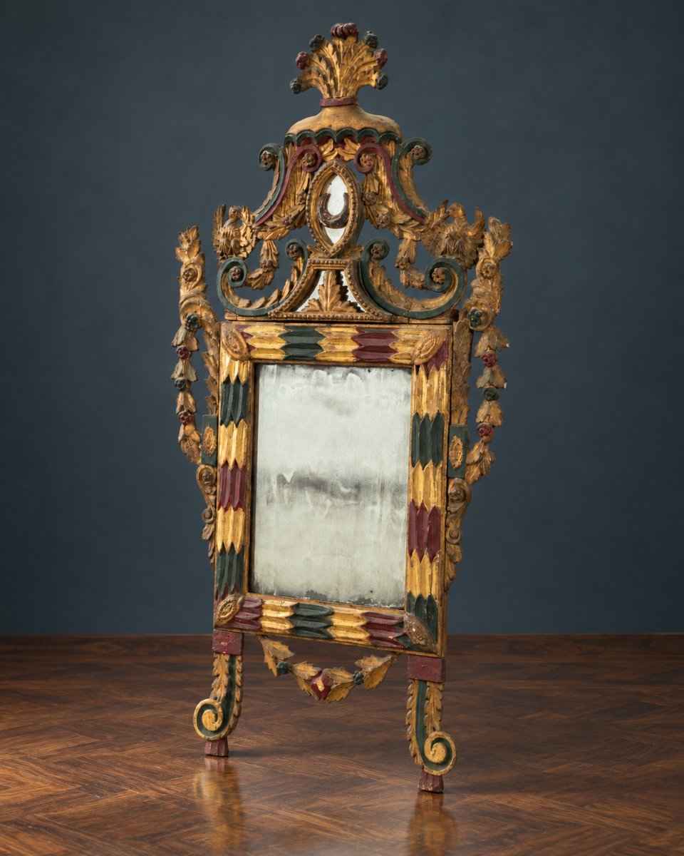 Grande Specchiera italiana del XVIII secolo in legno intagliato, dorato e laccato-photo-1