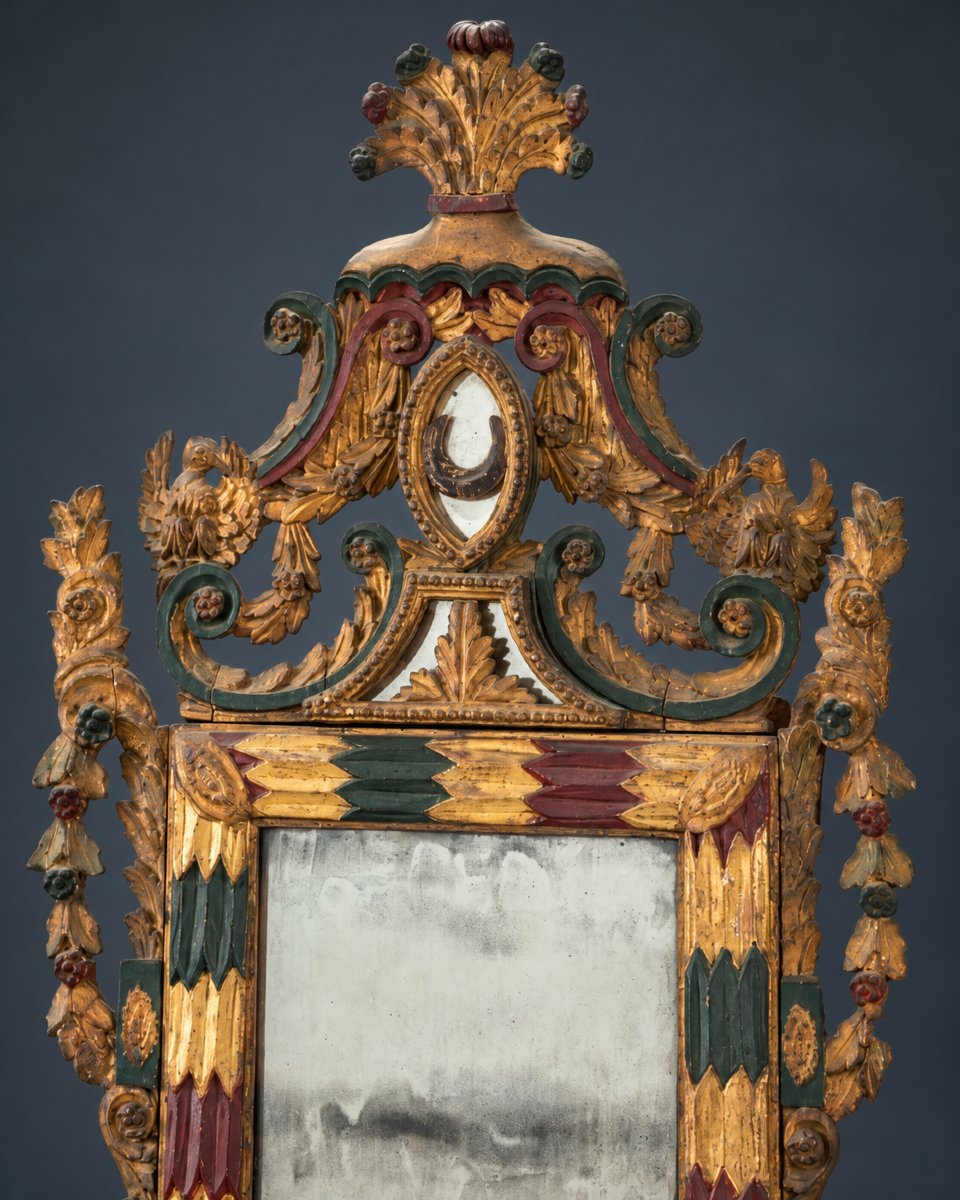 Grande Specchiera italiana del XVIII secolo in legno intagliato, dorato e laccato-photo-5