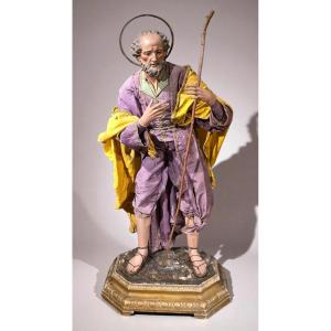 San Giuseppe in terracotta, XIX secolo, Napoli. Pastore del presepe Napoletano