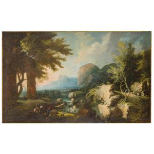 Grande dipinto di paesaggio. Olio su tela, firmato Michele Pagano, Napoli, XVIII secolo.