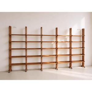 Grande libreria modulare italiana in teak, pezzo unico su misura, anni ’50, Mid century