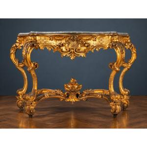 Grande consolle dorata in stile Rococò con marmo grigio – Fine XIX secolo