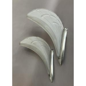 Ejg Pair Of Art Deco Press-molded Glass And Nickel-plated Bronze Sconces 1930