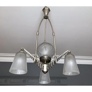 Muller Luneville Art Deco Press-molded Glass And Nickel-plated Bronze Chandelier 1930