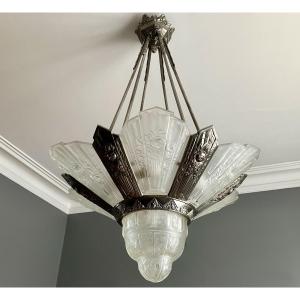 Hanots Glassworks Chandelier In Press-molded Glass And Nickel-plated Bronze, Art Deco, 1930