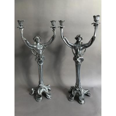 Pair Of Candlesticks Metal Pewter Art Nouveau 1900