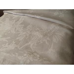 Old Tablecloth, Historiated Damascus Wolf Hunting, Riders, Horses, Wolves, Hunting Scenes, Monogram, Old Linen