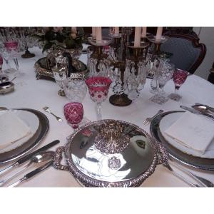Reception Tablecloth Old Linen Fabric, Embroidery 3 Coats Of Arms Coat Of Arms Monogram Crown
