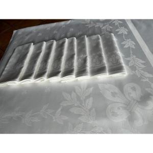 Table Service Tablecloth 8 Napkins Damask Fleurs De Lys Embroidery Coat Of Arms Monogramm Crown