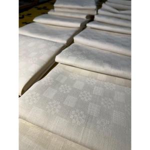 Antique Table Napkins Early 20th Century Linen Cotton Damask Checkerboard Decor Embroidery Monogram Coat Of Arms
