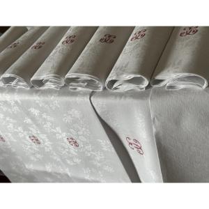 Antique 19th Century Table Service Tablecloth 12 Napkins Linen Thread Damask Floral, Monogram Mx