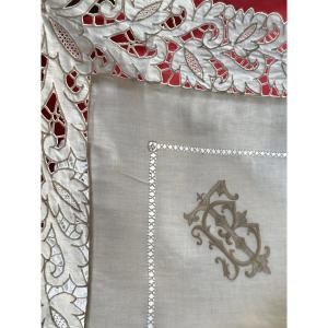 Antique – Pair Of Linen Thread Pillowcases, Richelieu Embroidery And Bt Monogram, 19th Century 