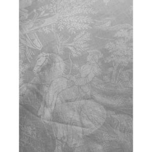 Antique Large Antique Castle Tablecloth In Linen And Silk Thread Damascus Hunting Amazons XIXè