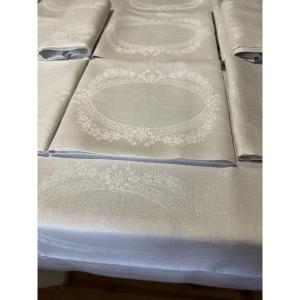 Antique 19th Century Silk Damask Napkins Special Coat Of Arms Embroidery With Antique Monogram