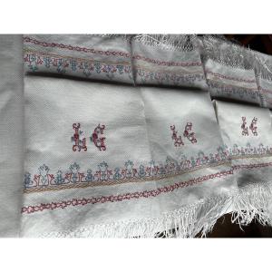 Six Antique Castle Napkins, Late 19th Century, Hand-embroidered, 60x90, Fringes 10 Cm