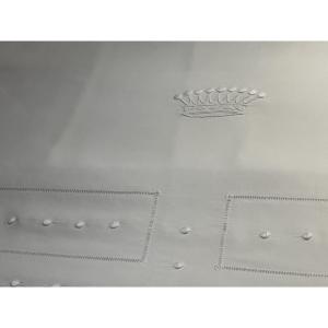 Large Antique Castle Drape – Very Fine Linen Thread, Hand-embroidered Crown And Plumetis Detail
