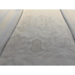 Antique Heraldic Cloth Embroidered In Pure Linen Thread, Monogram Ml, Coats Of Arms And Chimeras, 246 × 330 