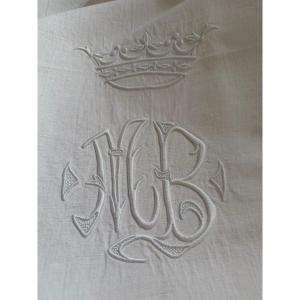 Antique Embroidered Linen-cotton Blend Sheet, Monogram Mb Under A Marquis's Coronet, Castle Linen – Late 19th Century