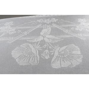 Very Large Antique Damask Tablecloth, 520 X 180 Cm, Linen And Cotton, Floral Decoration And Ribbons