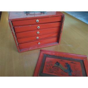Mah-jong Games - 20th Century Vermilion Lacquer Box With All Tiles