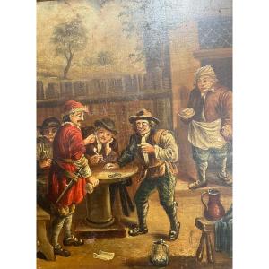 Tavern Scene Oil On Canvas XIXth In The Taste Of Flemish Paintings XVIIth