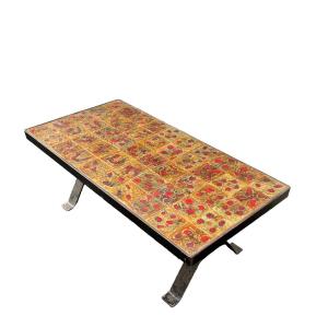 Midcentury Ceramic And Cast Iron Coffee Table