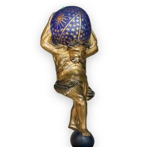 XIXth Statue Representative Atlas Carrying The World In Golden And Polychrome Wood