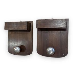 Pair Of Coat Hooks In Solid Wood And Brushed Steel 1950s