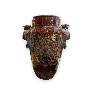 Important Longchamp Griffons Vase In Bronze Ceramic