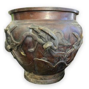 Japanese Bronze Planter Bas Reliefs Of Birds Meiji Nineteenth Time